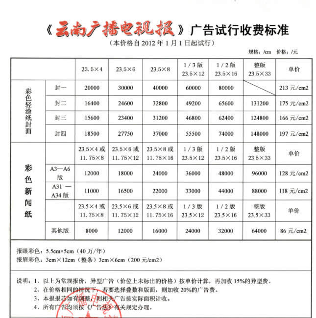 《云南广播电视报》2012年广告价格