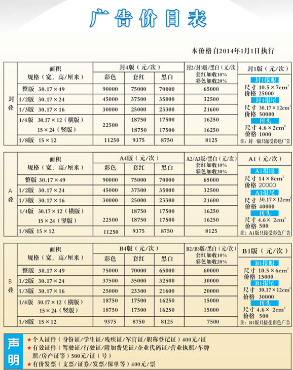 《咸阳日报》2016年广告价格(沿用14年)