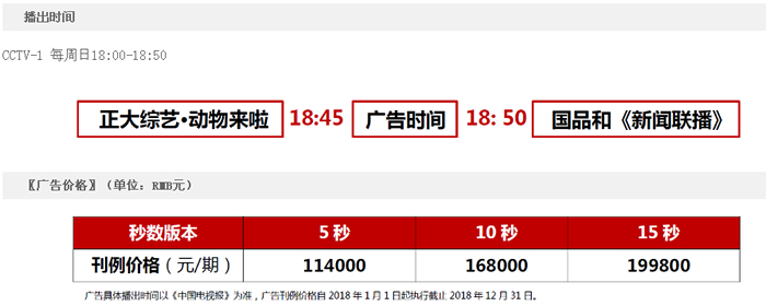 CCTV1《正大综艺-动物来了》2018年最新广告价格