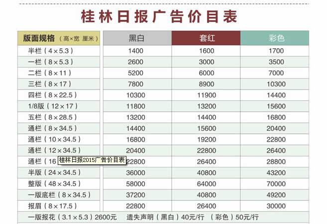 《桂林日报》2015年广告价格