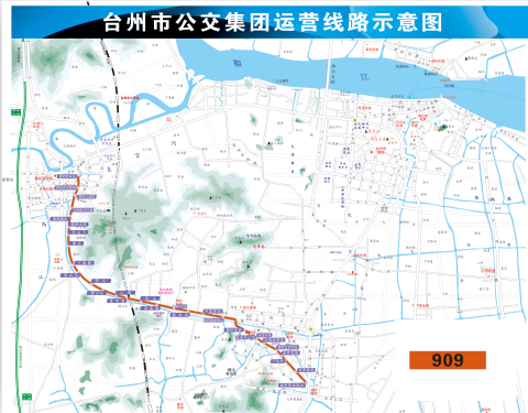 浙江省台州市环线6A级909路公交车车身广告位 - 点位图