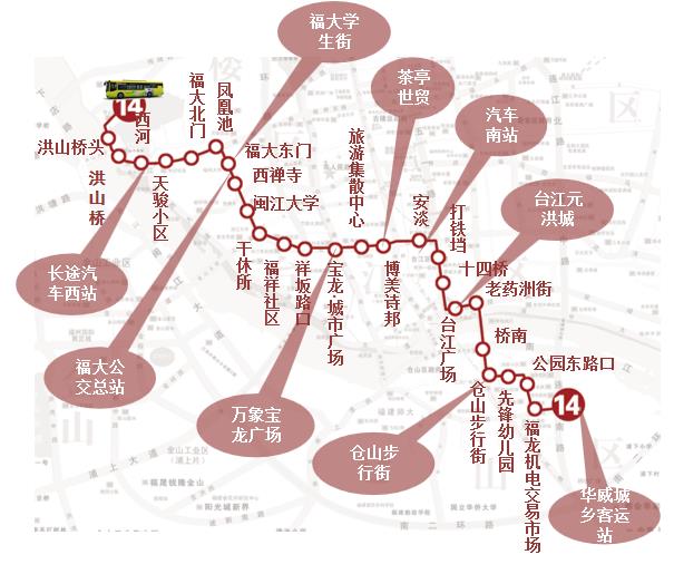 福建省福州市14路3A级公交车车身户外广告 - 点位图