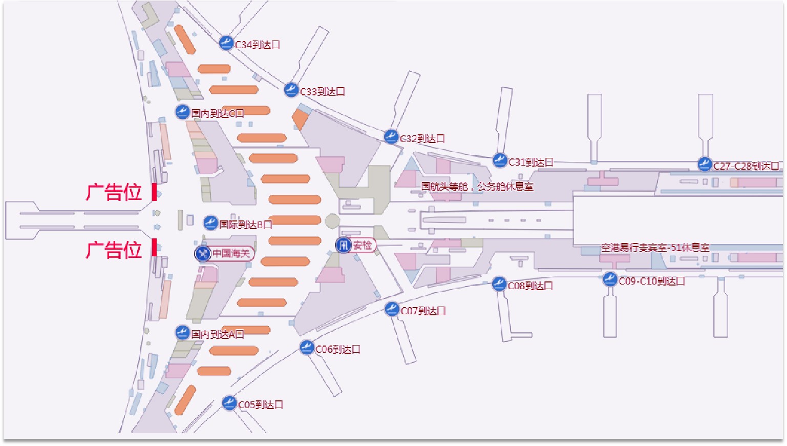 北京市顺义区首都国际机场T3悬挂式看板广告位 - 点位图