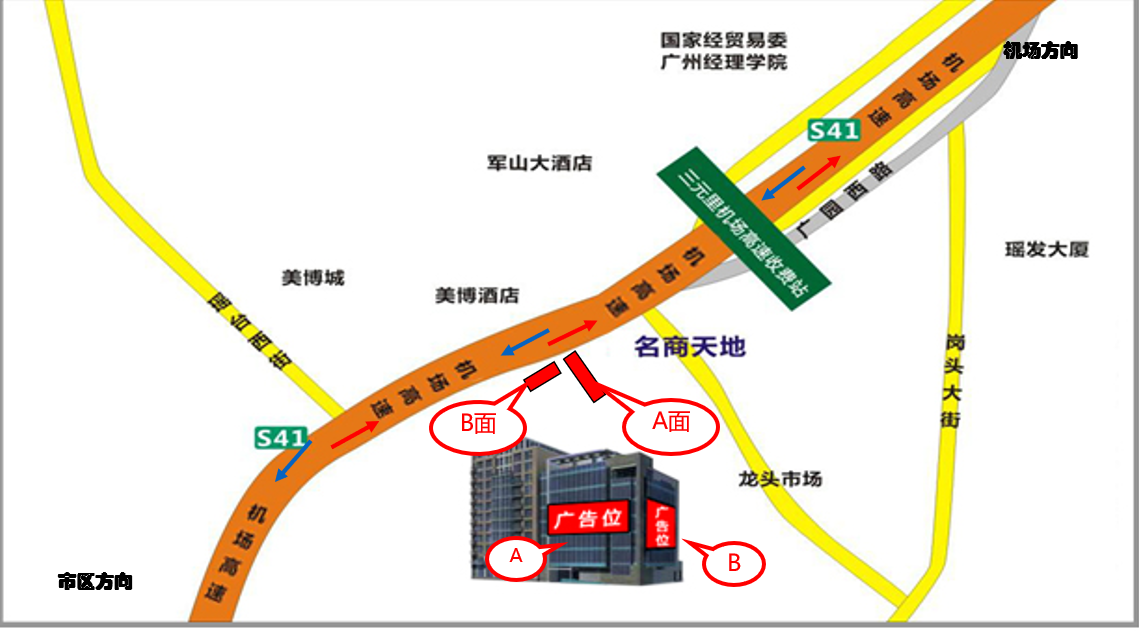 广州市越秀区机场高速三元里收费站旁龙头市场大楼墙面广告位 - 点位图