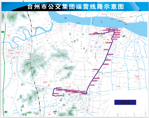 浙江省台州市环线6A级908路公交车车身广告位 - 点位图