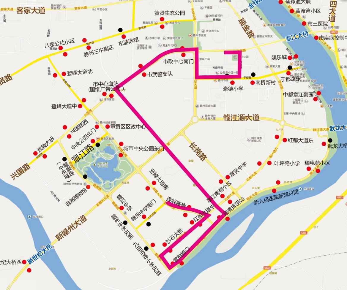 江西省赣州市301路（中巴）公交车车身户外广告 - 点位图